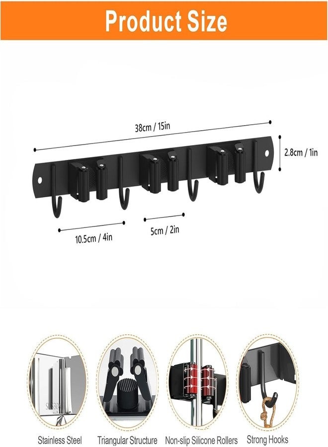 Boniry Broom Holder and Mop Organizer | Mop Holder For Wall Without Drilling with 3 Slots and 4 Hooks for Kitchen, Garage, Garden, and Utility | Space Saving Cleaning Tool Organizer (Black) - Image 2